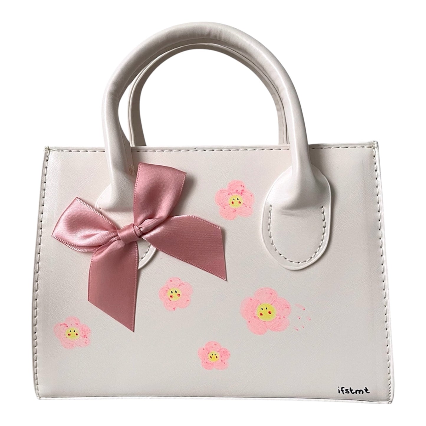Minimalistische Handtasche mit abnehmbarem Riemen-handtasche-handbag-minibag-white-pink-flower-ribbon-shoulderbag-all match
