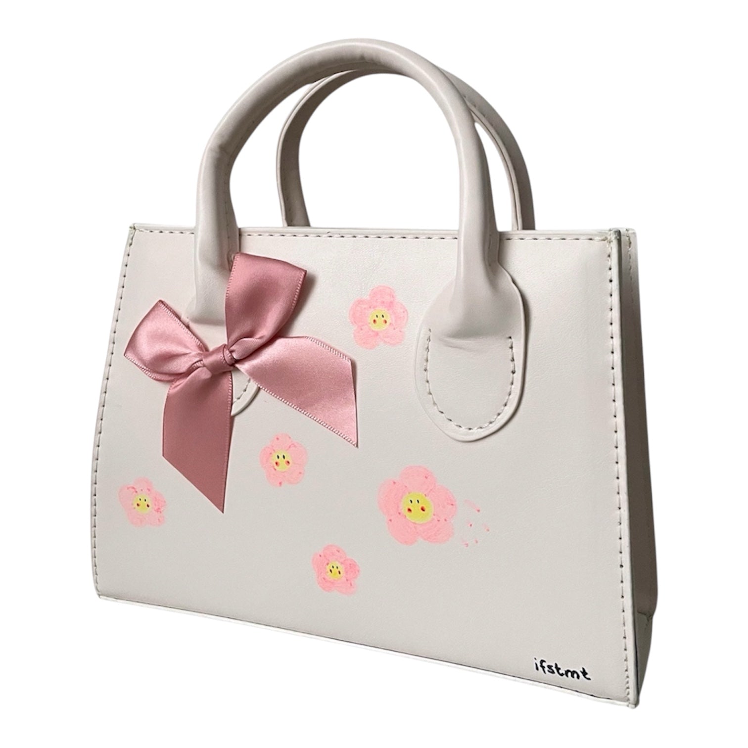 Minimalistische Handtasche mit abnehmbarem Riemen-handtasche-handbag-minibag-white-pink-flower-ribbon-shoulderbag-all match