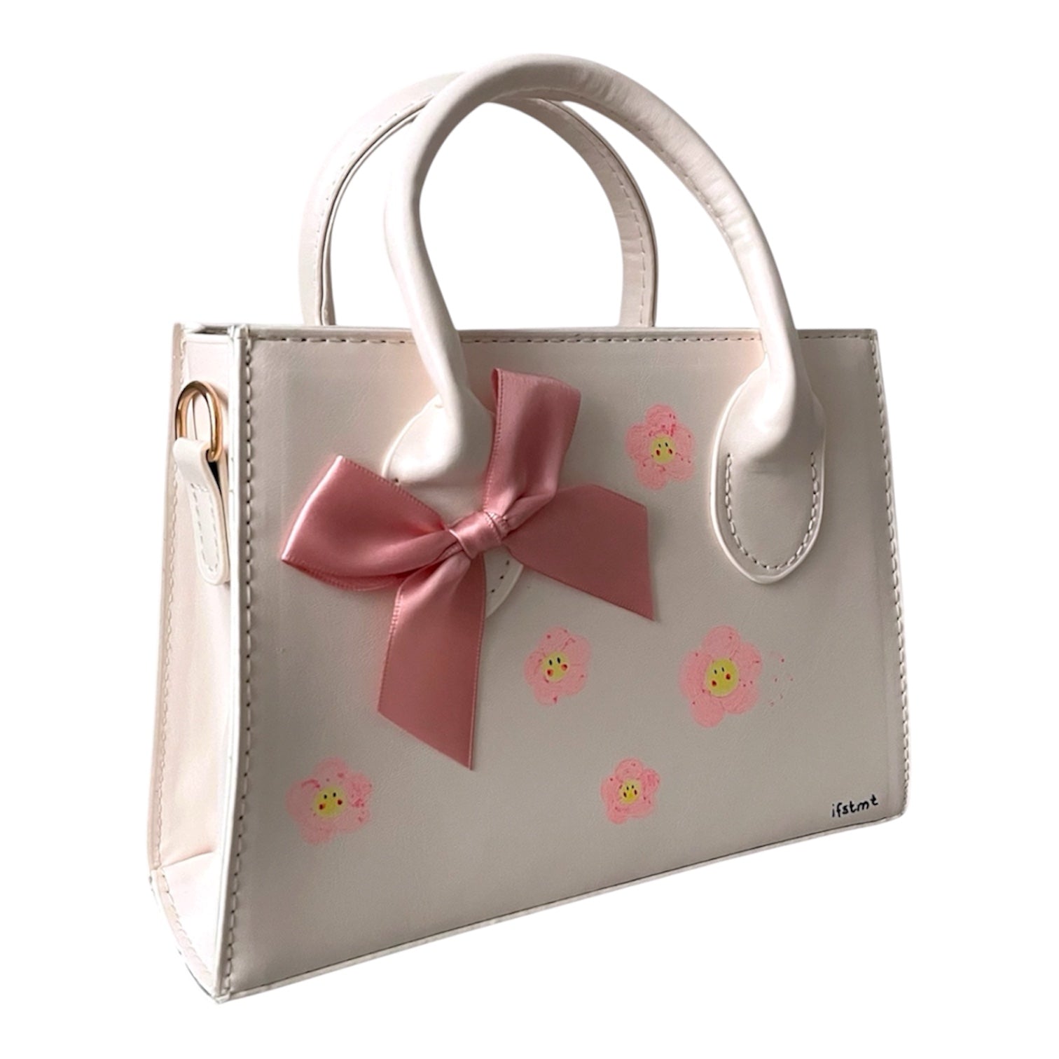 Minimalistische_Handtasche_mit_abnehmbarem_Riemen-handtasche-handbag-minibag-white-pink-flower-ribbon-shoulderbag-all_match