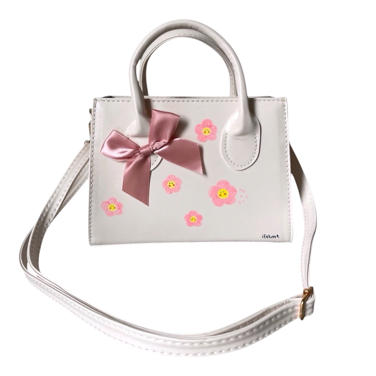 Minimalistische_Handtasche_mit_abnehmbarem_Riemen-handtasche-handbag-minibag-white-pink-flower-ribbon-shoulderbag-all_match