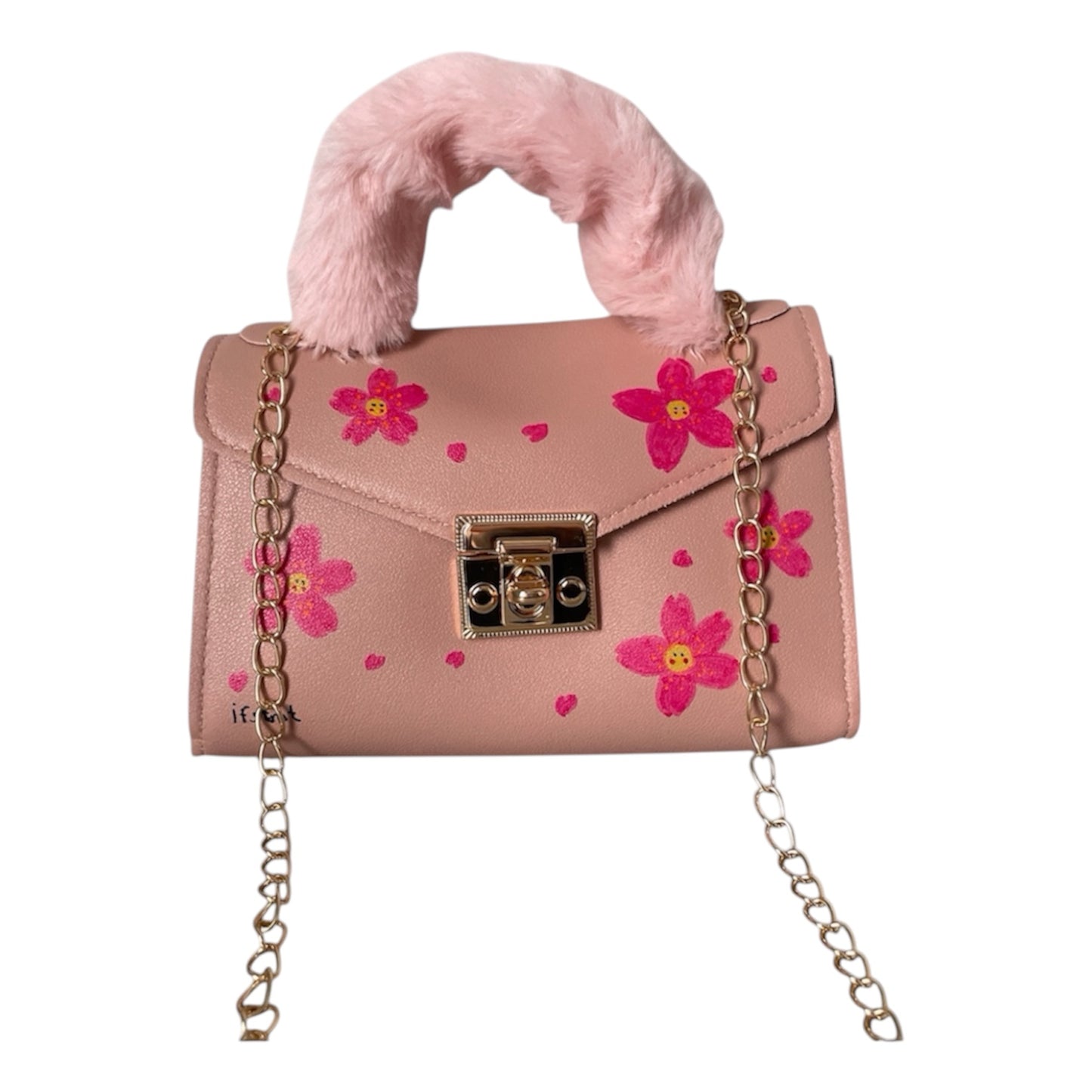 weicher Plüsch kunstpelz Handtasche mit abnehmbarem Kettenriemen-handtasche-handbag-minibag-shoulderbag-pink-sakura-cherryblossom-goldchain-shoulderbag