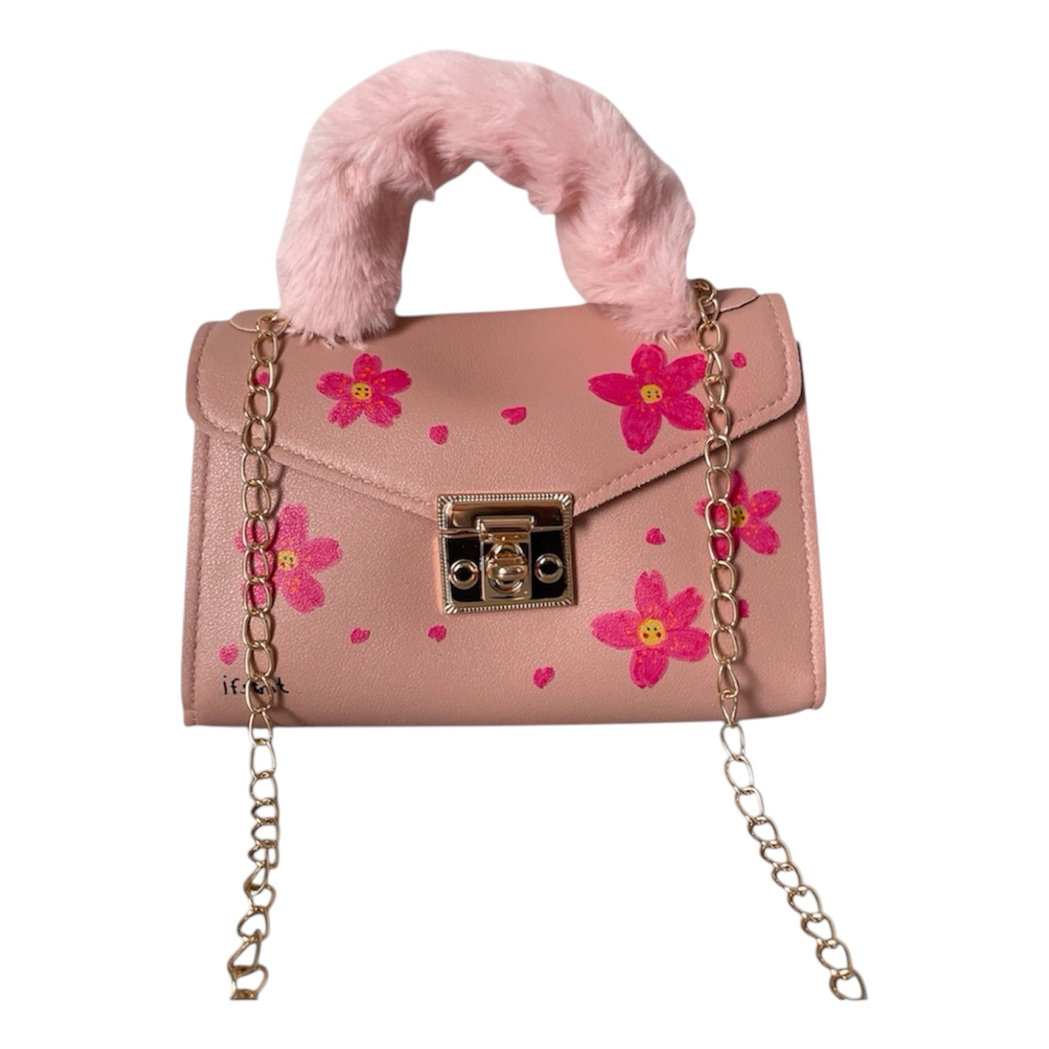 weicher Plüsch kunstpelz Handtasche mit abnehmbarem Kettenriemen-handtasche-handbag-minibag-shoulderbag-pink-sakura-cherryblossom-goldchain-shoulderbag