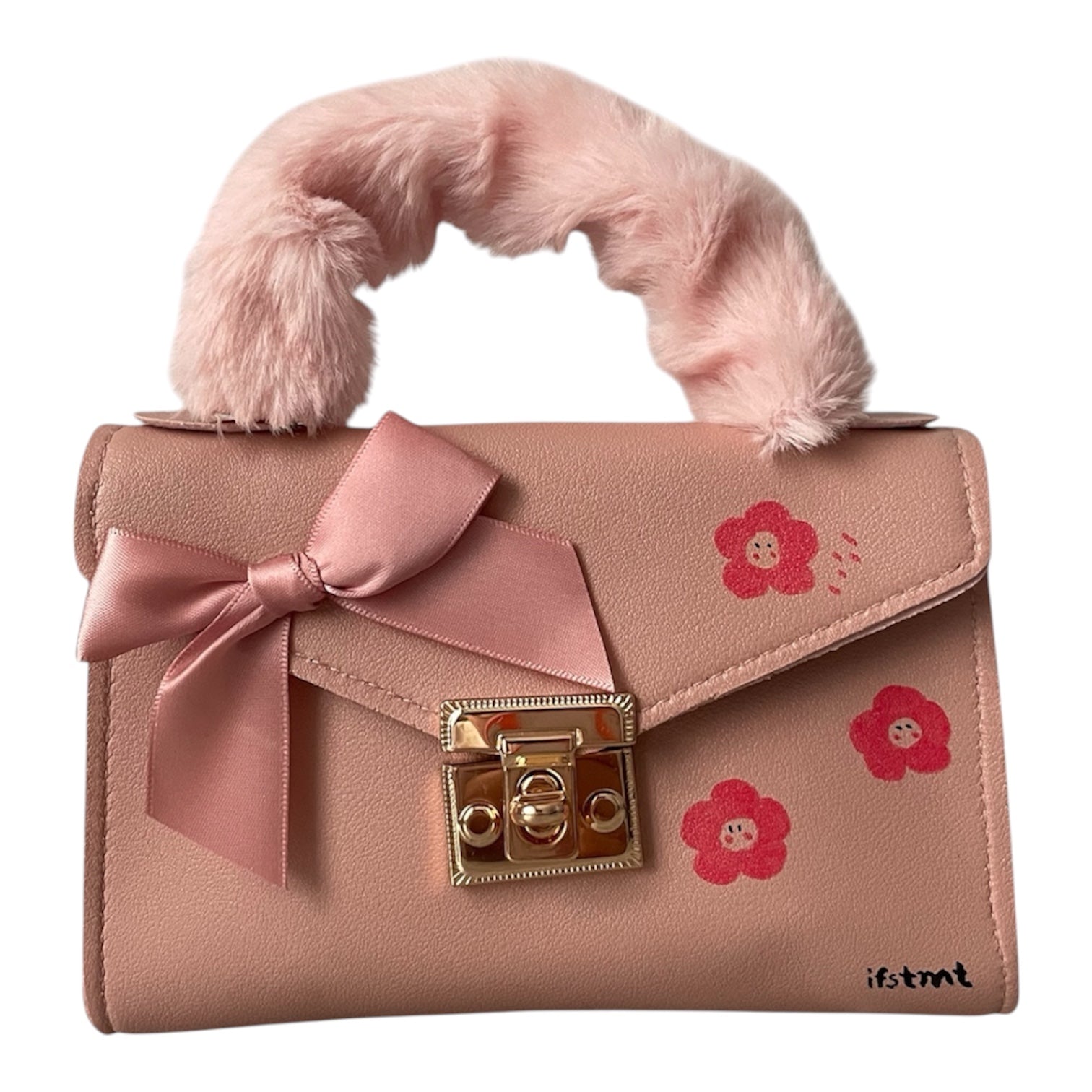 weicher Plüsch kunstpelz Handtasche mit abnehmbarem Kettenriemen-handtasche-handbag-minibag-shoulderbag-pink-flower-cutebag-ribbon-goldchain-shoulderbag