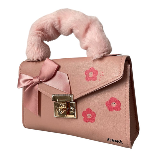 weicher plush kunstpelz Handtasche mit abnehmbarem Kettenriemen-handtasche-handbag-minibag-shoulderbag-pink-flower-cutebag-ribbon-goldchain-shoulderbag