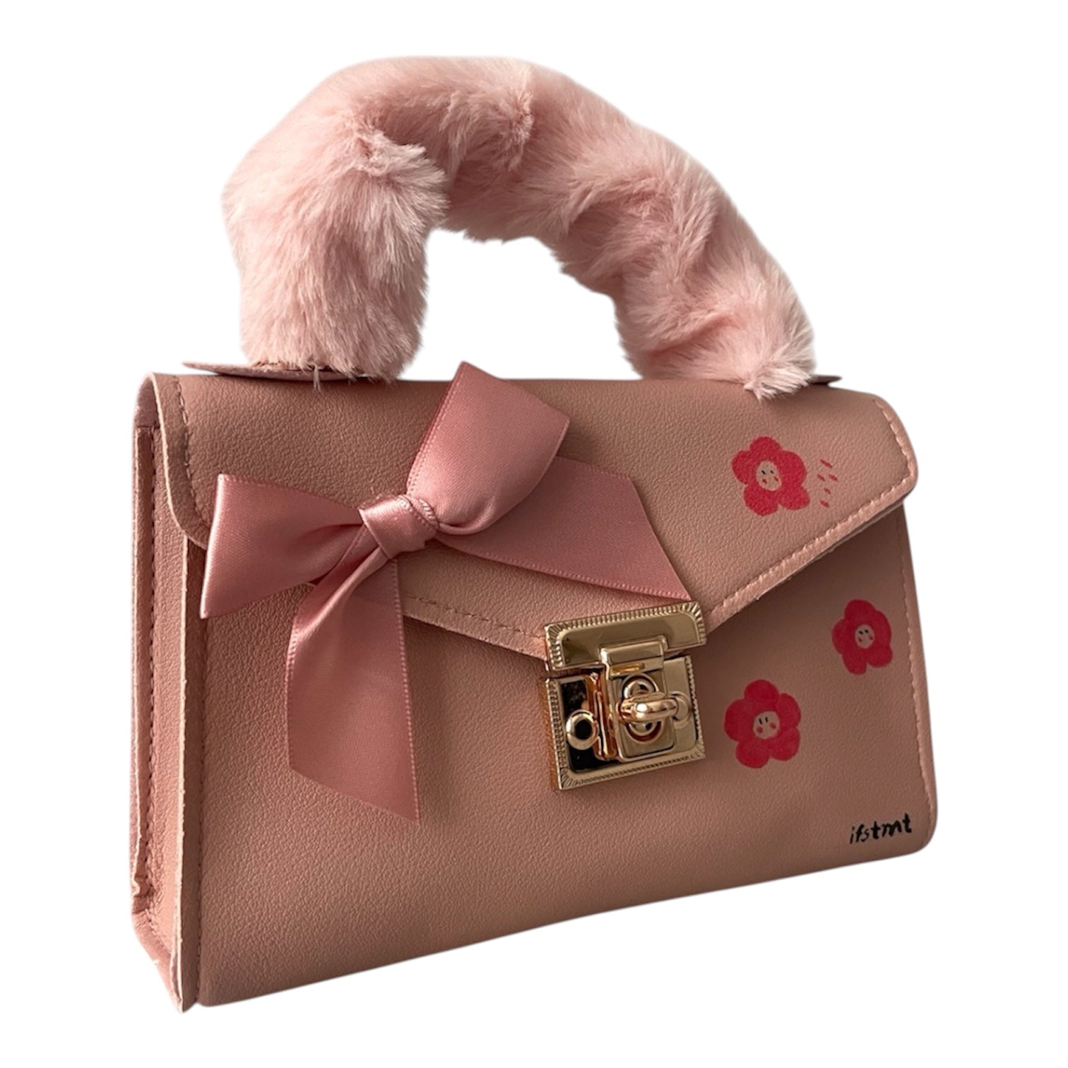 weicher Plüsch kunstpelz Handtasche mit abnehmbarem Kettenriemen-handtasche-handbag-minibag-shoulderbag-pink-flower-cutebag-ribbon-goldchain-shoulderbag