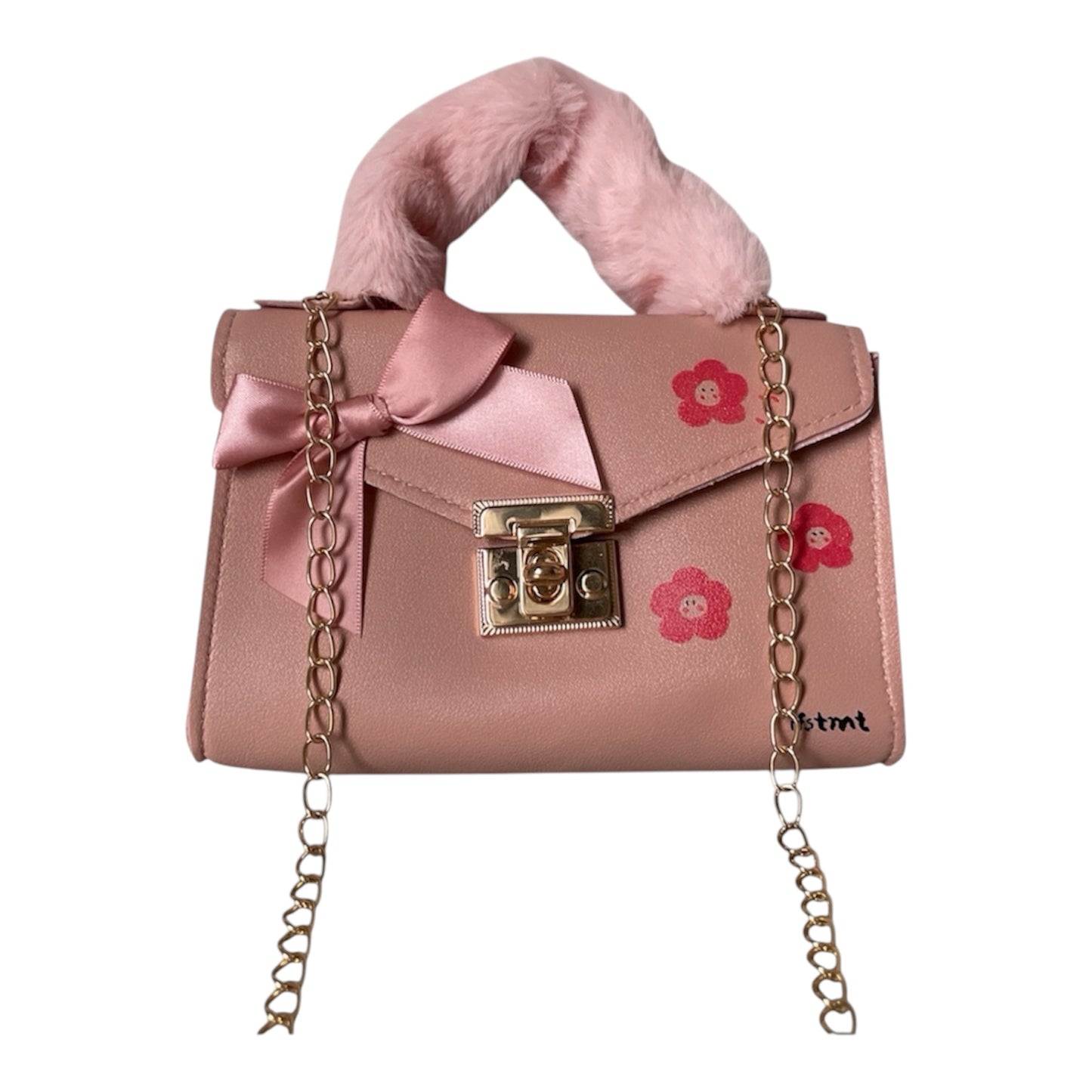 weicher plush kunstpelz Handtasche mit abnehmbarem Kettenriemen-handtasche-handbag-minibag-shoulderbag-pink-flower-cutebag-ribbon-goldchain-shoulderbag