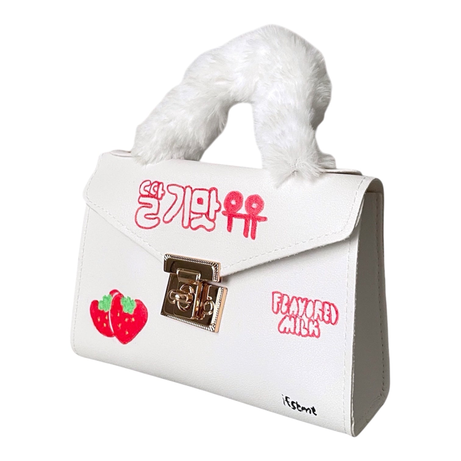 weicher plush kunstpelz Handtasche mit abnehmbarem Kettenriemen-handtasche-handbag-minibag-shoulderbag-white-cutebag-korean-strawberrymilk-design-goldchain-shoulderbag