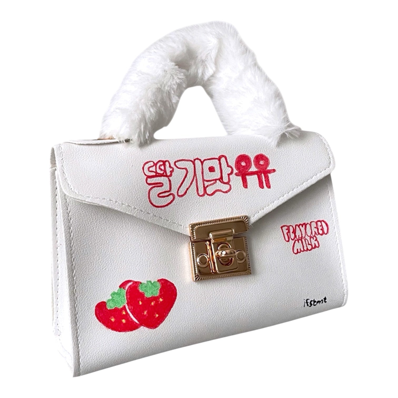 weicher plush kunstpelz Handtasche mit abnehmbarem Kettenriemen-handtasche-handbag-minibag-shoulderbag-white-cutebag-korean-strawberrymilk-design-goldchain-shoulderbag