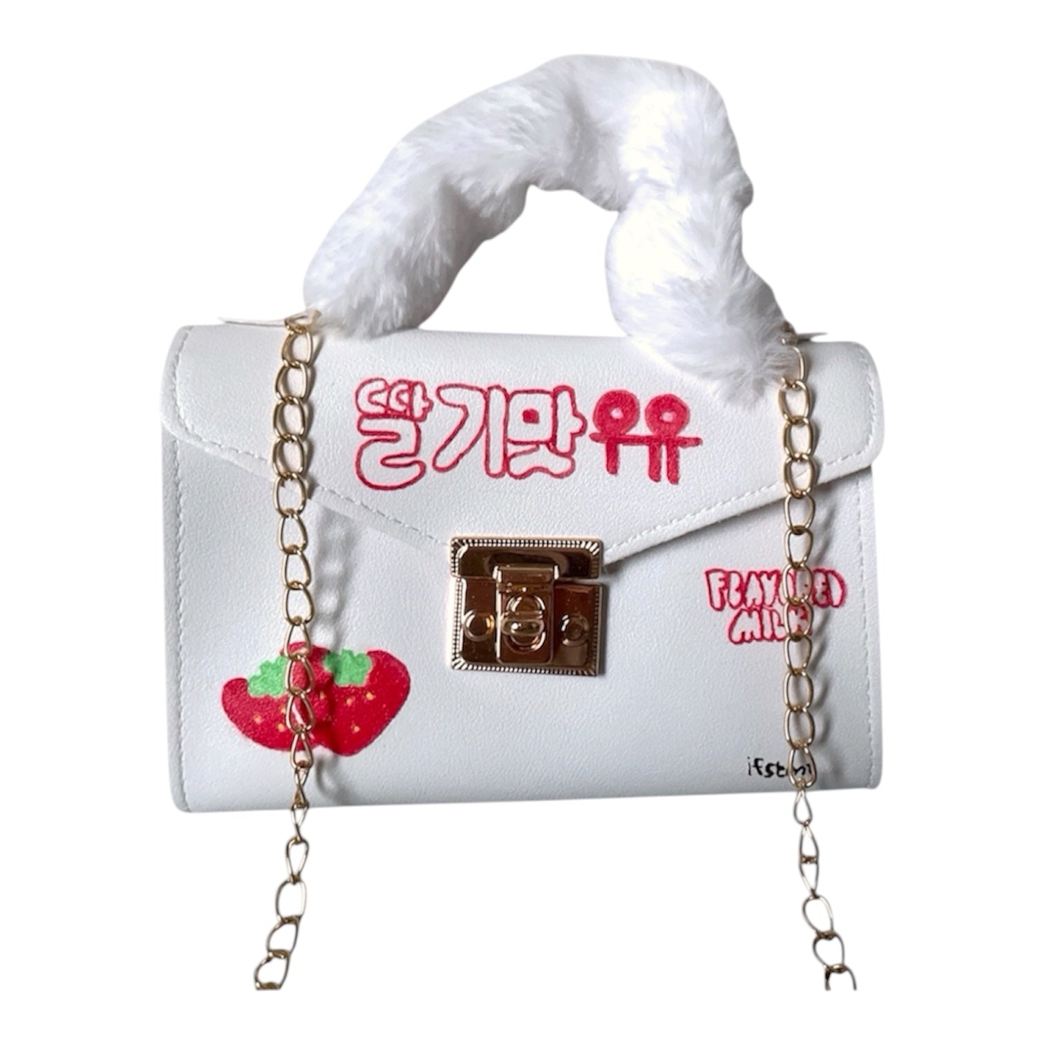 weicher plush kunstpelz Handtasche mit abnehmbarem Kettenriemen-handtasche-handbag-minibag-shoulderbag-white-cutebag-korean-strawberrymilk-design-goldchain-shoulderbag