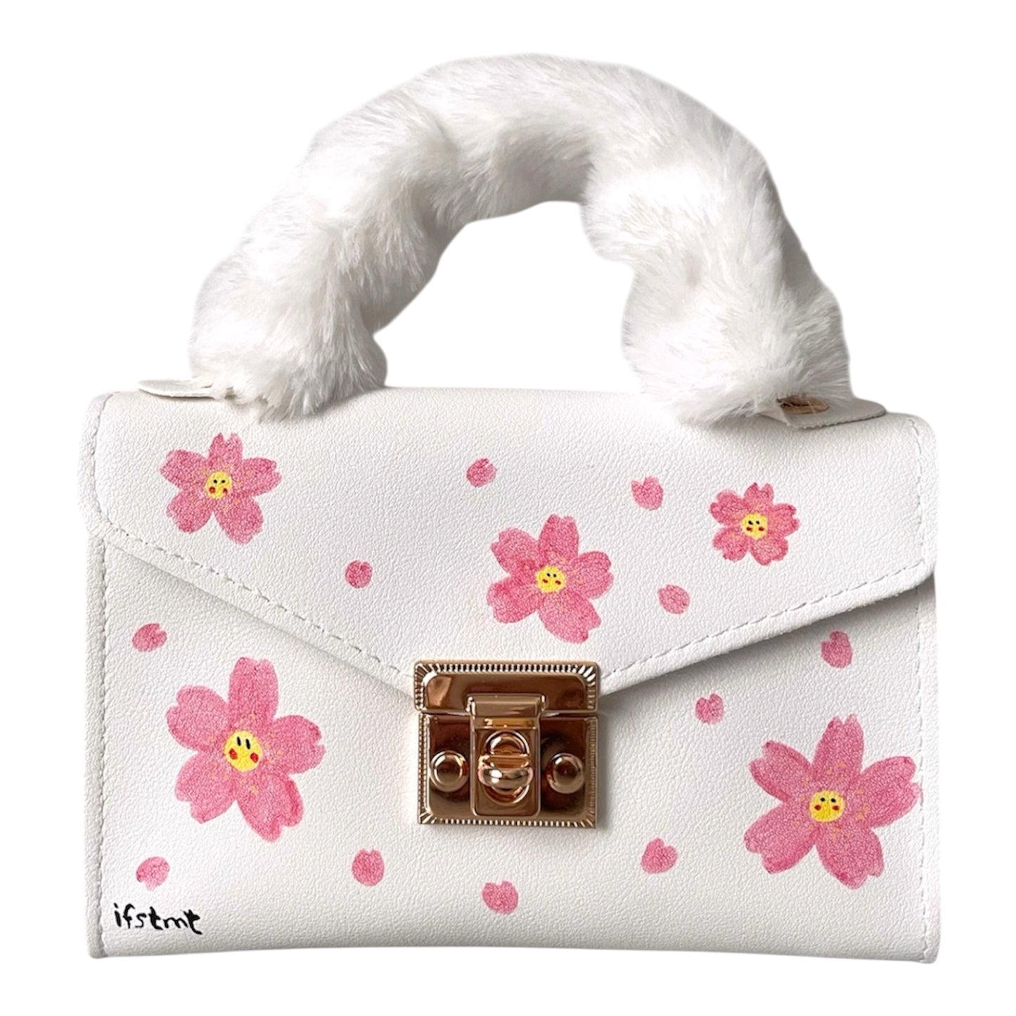 soft plush kunstpelz Handtasche mit abnehmbarem Kettenriemen-handtasche-handbag-minibag-shoulderbag-white-cutebag-sakura-cherryblossom-design-goldchain-shoulderbag