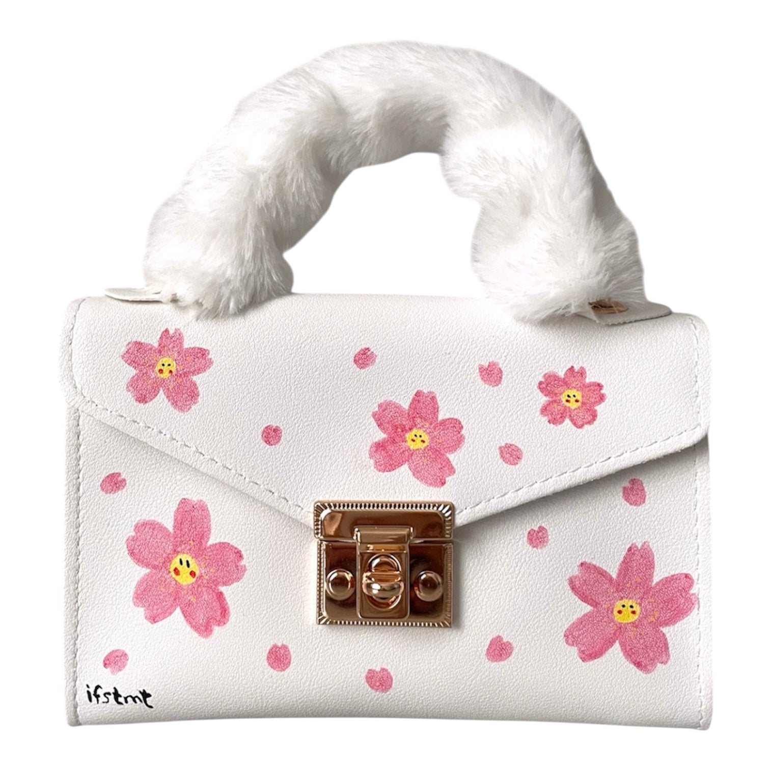 soft plush kunstpelz Handtasche mit abnehmbarem Kettenriemen-handtasche-handbag-minibag-shoulderbag-white-cutebag-sakura-cherryblossom-design-goldchain-shoulderbag