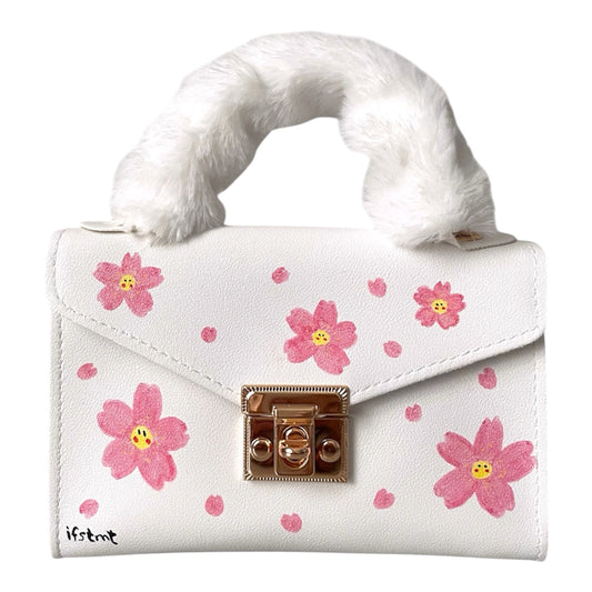 soft plush kunstpelz Handtasche mit abnehmbarem Kettenriemen-handtasche-handbag-minibag-shoulderbag-white-cutebag-sakura-cherryblossom-design-goldchain-shoulderbag