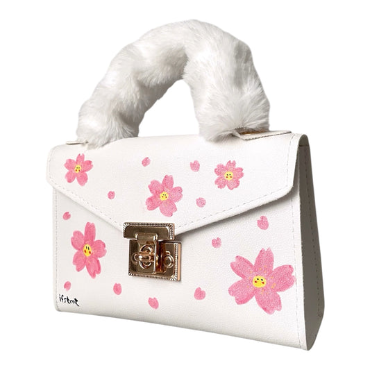 soft plush kunstpelz Handtasche mit abnehmbarem Kettenriemen-handtasche-handbag-minibag-shoulderbag-white-cutebag-sakura-cherryblossom-design-goldchain-shoulderbag