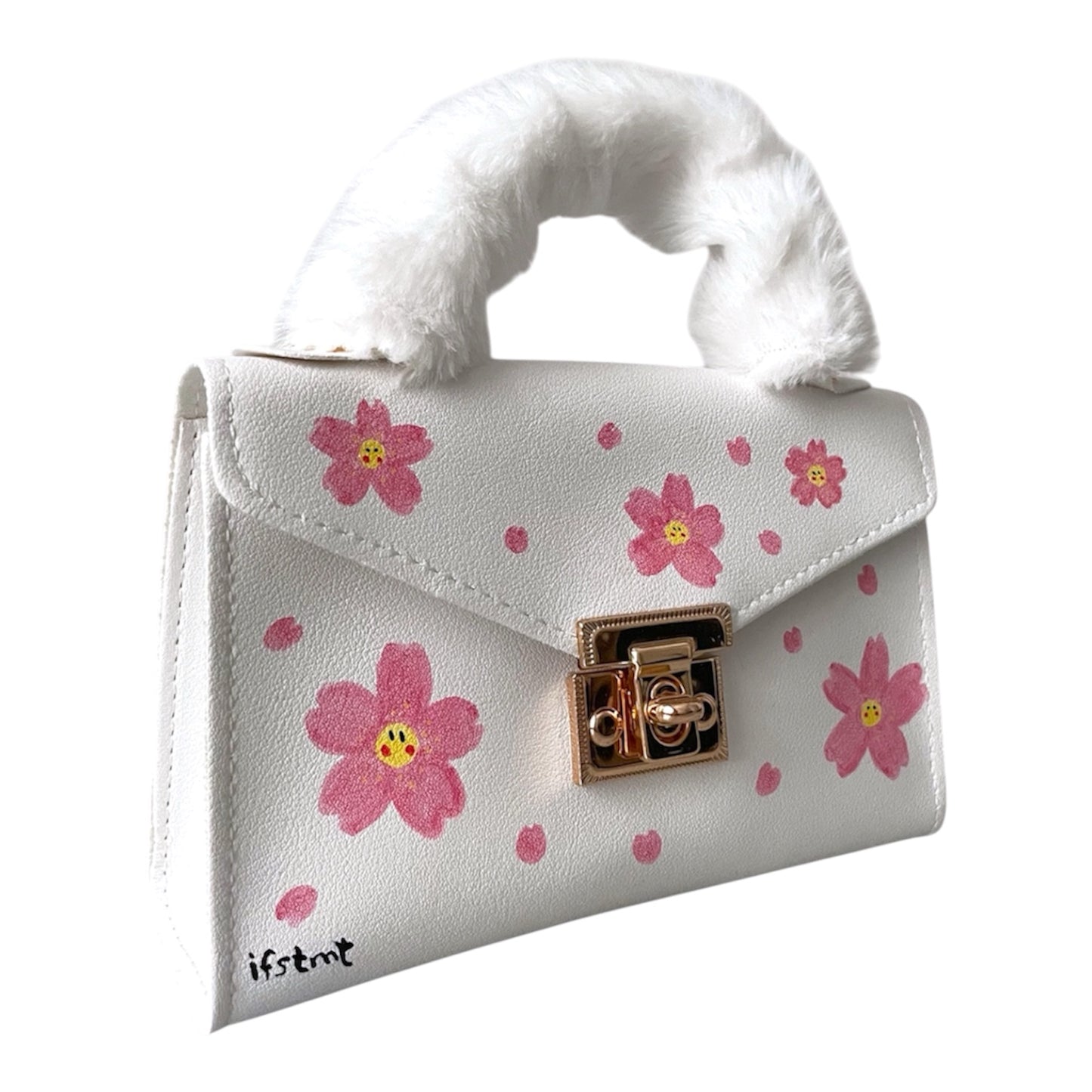 soft plush kunstpelz Handtasche mit abnehmbarem Kettenriemen-handtasche-handbag-minibag-shoulderbag-white-cutebag-sakura-cherryblossom-design-goldchain-shoulderbag