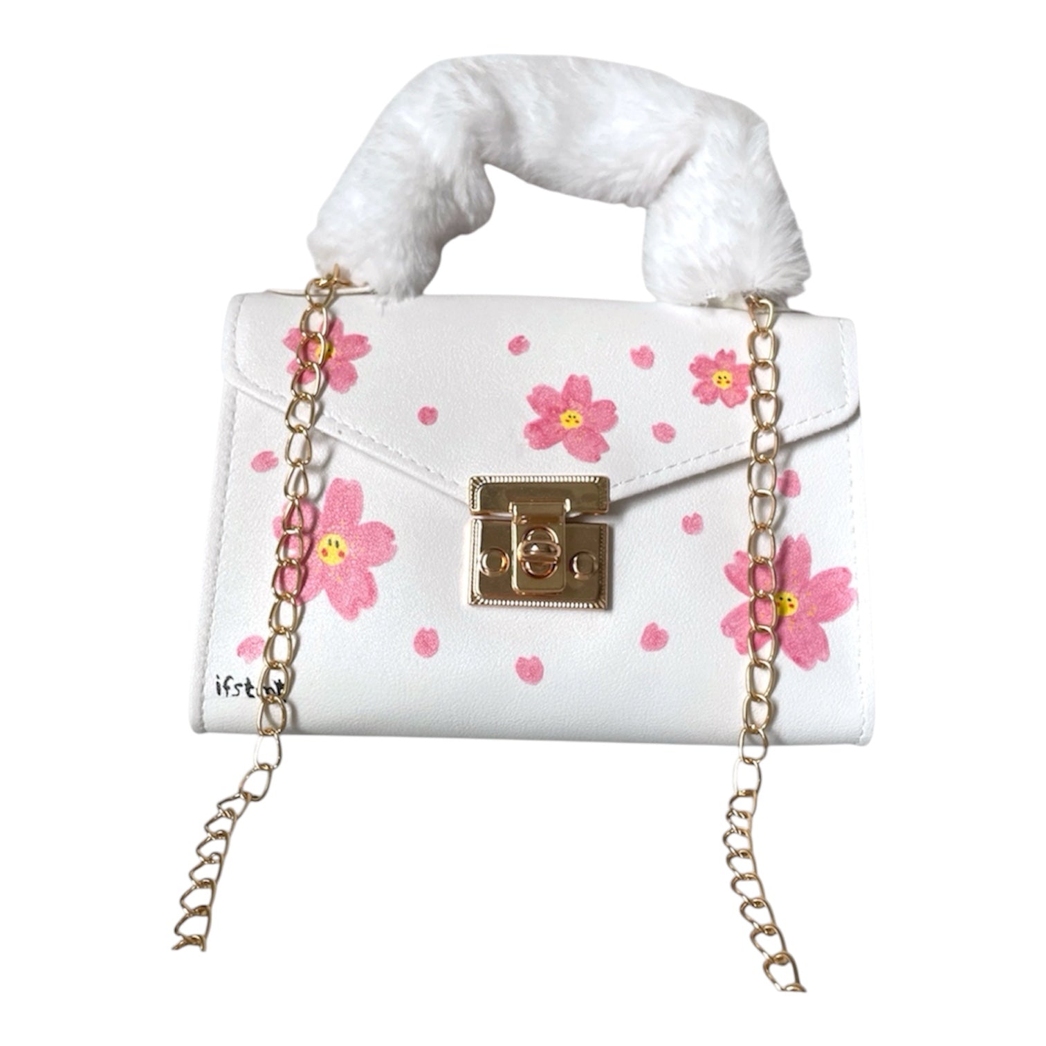 soft plush kunstpelz Handtasche mit abnehmbarem Kettenriemen-handtasche-handbag-minibag-shoulderbag-white-cutebag-sakura-cherryblossom-design-goldchain-shoulderbag