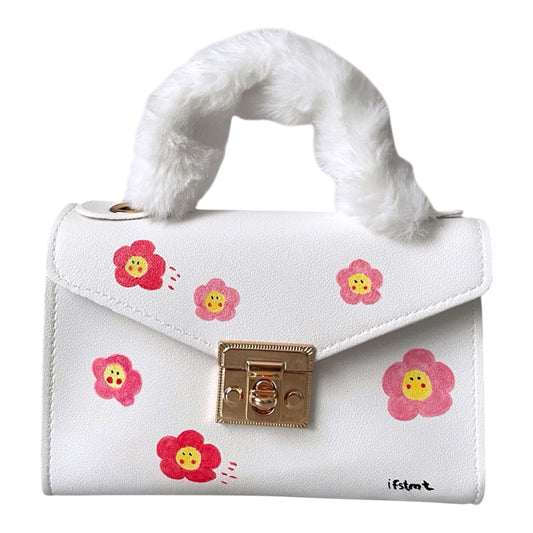 soft plush kunstpelz Handtasche mit abnehmbarem Kettenriemen-handtasche-handbag-minibag-shoulderbag-white-cutebag-flower-cute-design-goldchain-shoulderbag