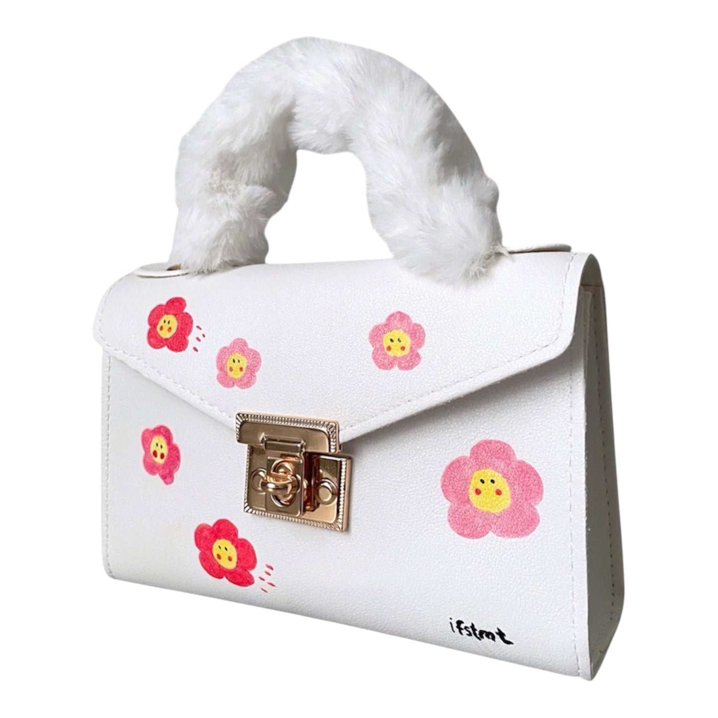 soft plush kunstpelz Handtasche mit abnehmbarem Kettenriemen-handtasche-handbag-minibag-shoulderbag-white-cutebag-flower-cute-design-goldchain-shoulderbag