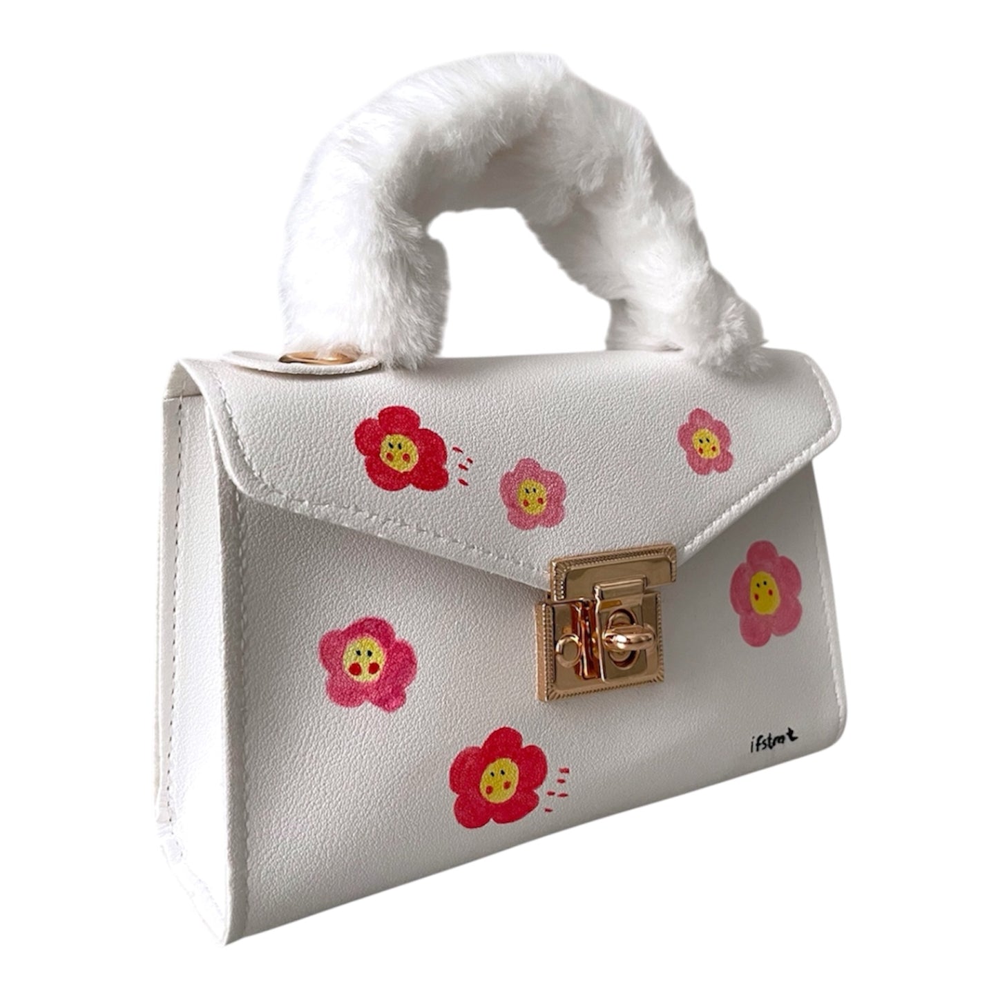 soft plush kunstpelz Handtasche mit abnehmbarem Kettenriemen-handtasche-handbag-minibag-shoulderbag-white-cutebag-flower-cute-design-goldchain-shoulderbag