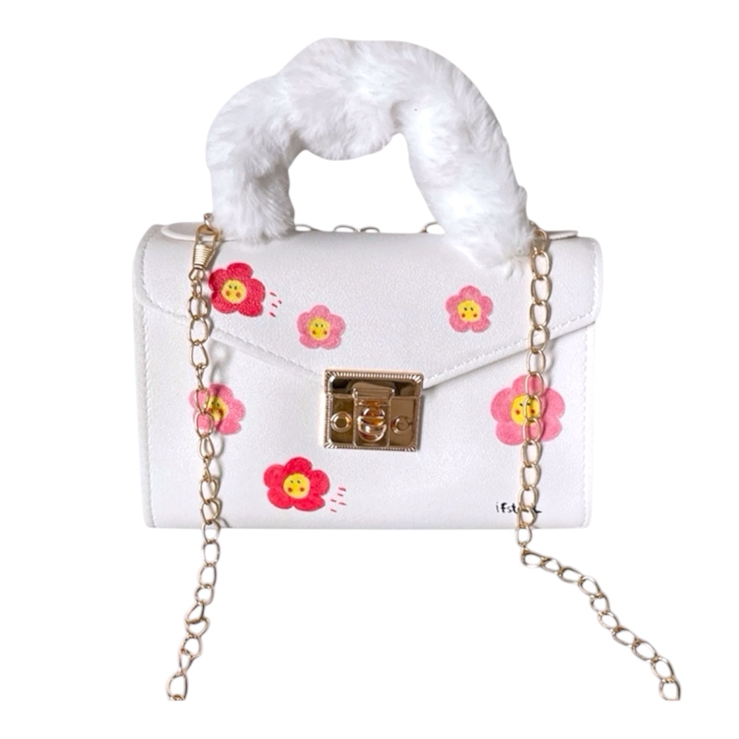 soft plush kunstpelz Handtasche mit abnehmbarem Kettenriemen-handtasche-handbag-minibag-shoulderbag-white-cutebag-flower-cute-design-goldchain-shoulderbag